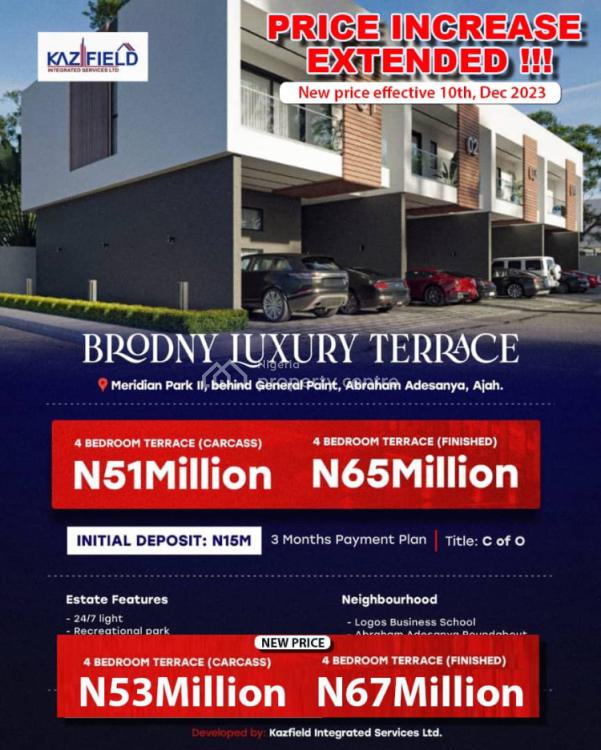 4 Bedroom Terrace, Meridian Park 11, Behind Abraham Adesanya Estate, Lekki, Lagos, House for Sale