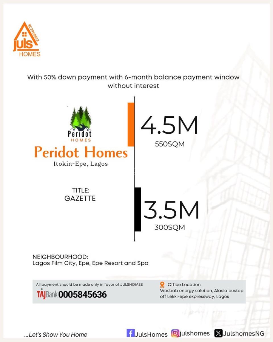 Affordable 550 sqm Residential Land -- Itokin Epe, Peridot Homes, Itokin, Epe, Lagos, Residential Land for Sale
