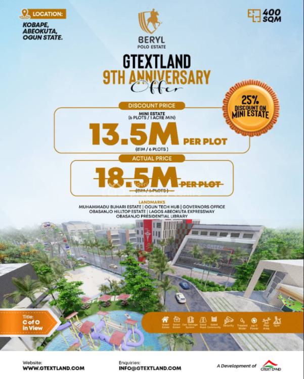 25% 9th Anniversary Promotion Is on Now - Dont Miss Out, Beryl Estate, Kobape, Abeokuta South, Ogun, Mixed-use Land for Sale
