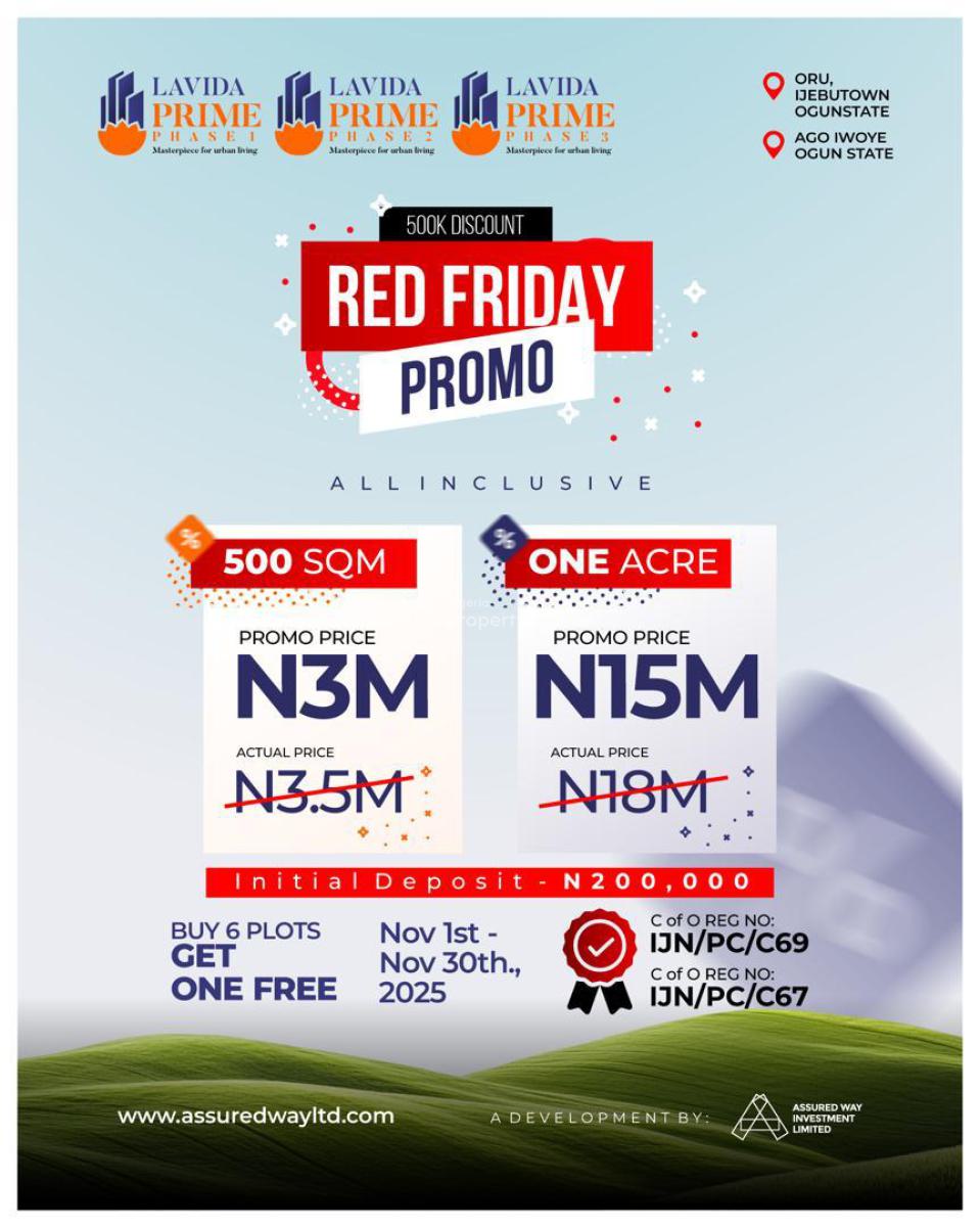 Enjoy 10%  Promo C  of 0 File No Land Facing Road, Lavida Prime Estate Phase 2, Idagolu Road, Ago-iwoye, Ijebu Ode, Ogun, Mixed-use Land for Sale