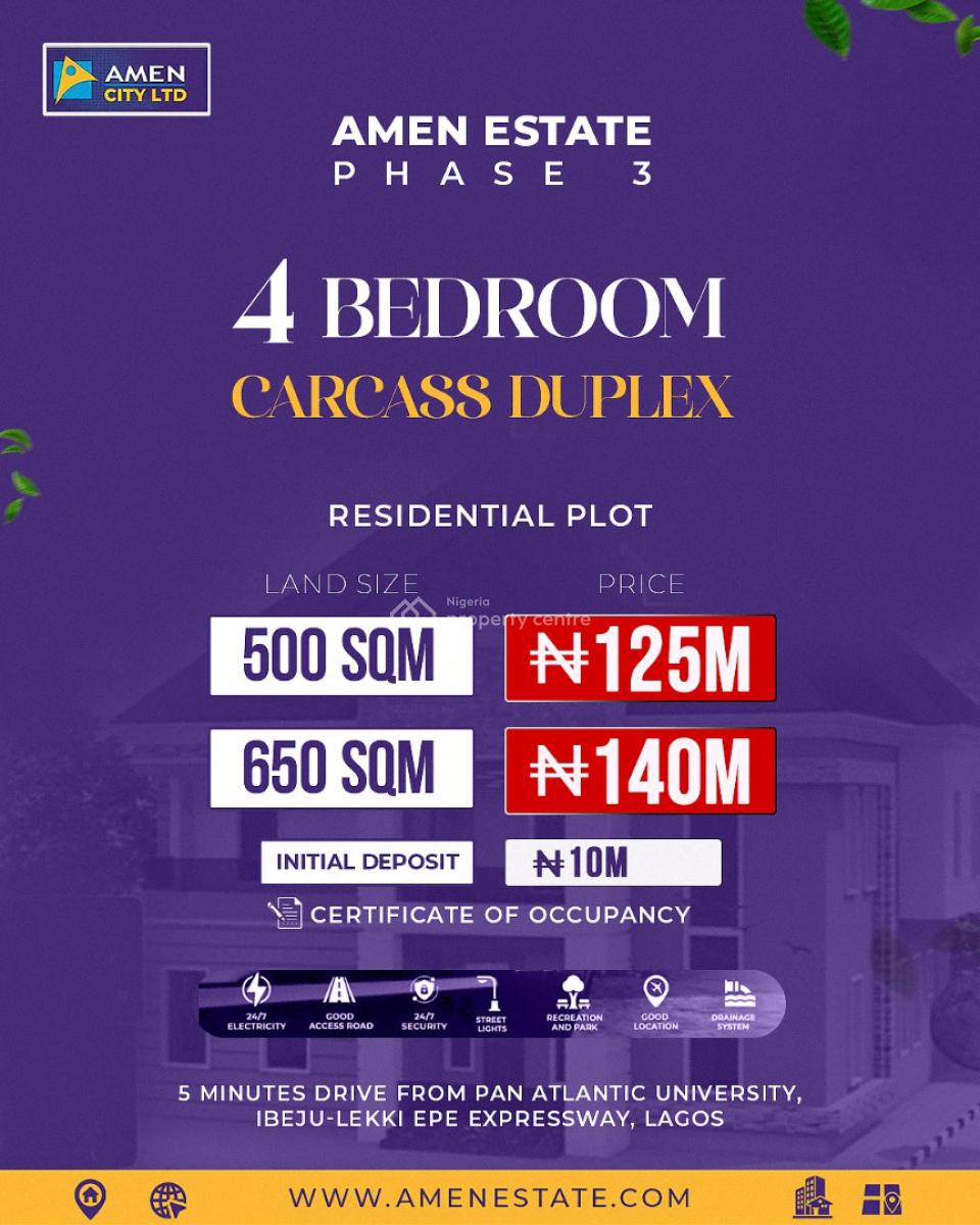 4 Bedroom Duplex with Bq (carcass), Amen Estate Phase 3, Ibeju Lekki, Lagos, Detached Duplex for Sale