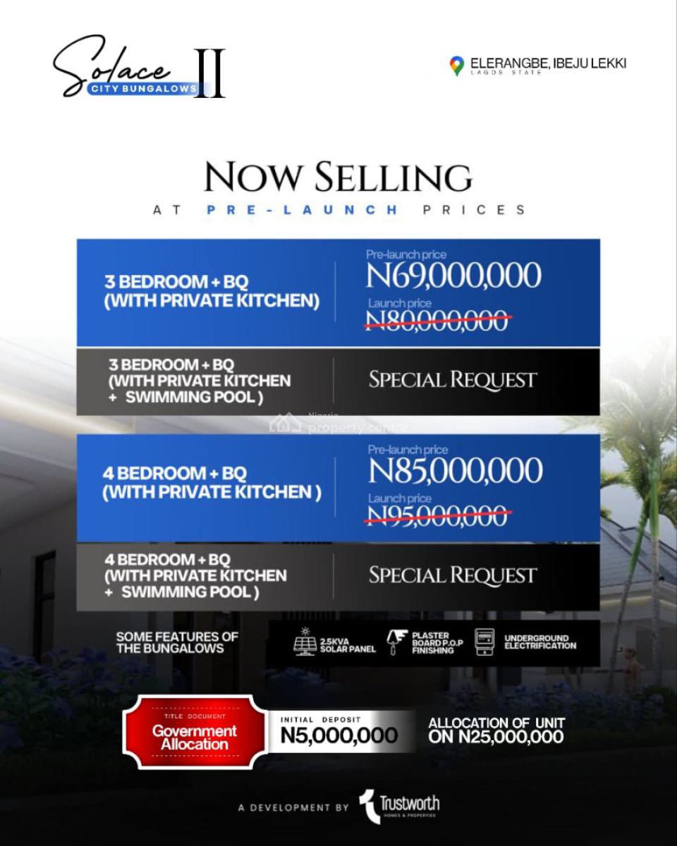 Gated C of O 3 Bedroom Detached Bungalow + Bq/solar Inverter, Solace City Bungalow Estate, Eleranigbe, Ibeju Lekki, Lagos, Mixed-use Land for Sale