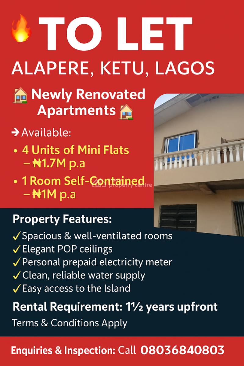 3 Units of 1 Bedroom Apartment, Ajibola Crescent, Alapere, Ketu, Lagos, Mini Flat (room and Parlour) for Rent