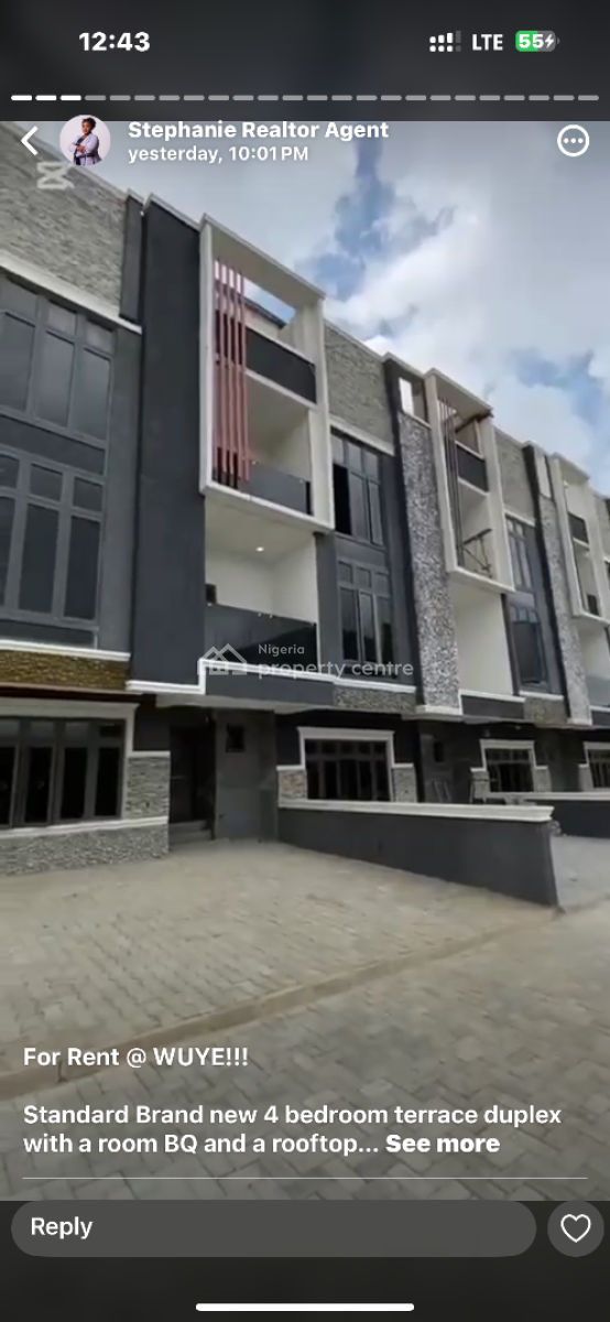 Elegant 4bedroom Terrace Duplex with a Bq, Wuye, Abuja, Terraced Duplex for Sale
