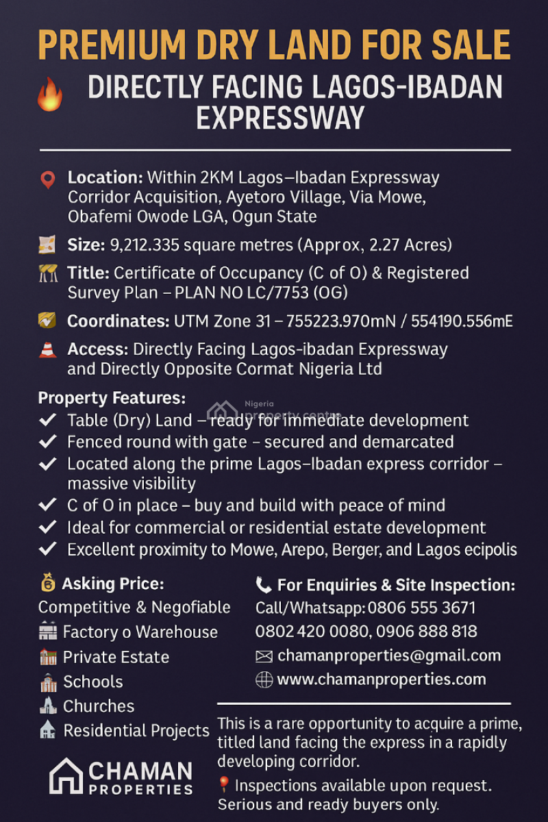 Premium 2 Acres of  Dry Land, Facing Lagos Ibadan Express Way By Comart Junction Via, Berger, Arepo, Ogun, Commercial Land for Sale