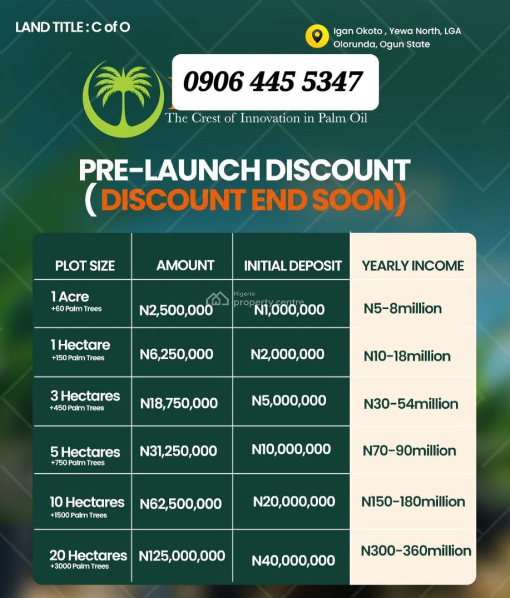 C of O Acres of Oil Palm Trees Farmlands, Igan Okoto, Olorunda, Yewa North, Ogun, Land for Sale