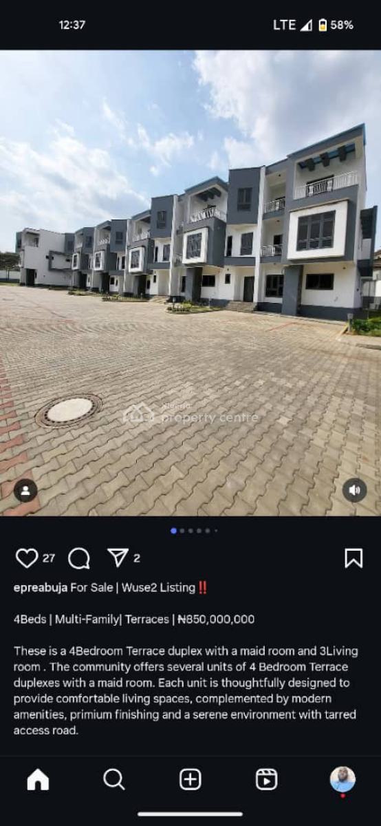 4bedroom Terrace Duplex, Serene, Wuse 2, Abuja, House for Sale