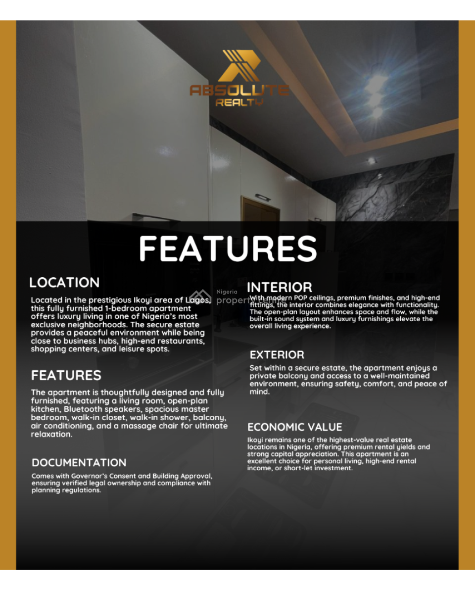 Luxury 1 Bedroom Apartment, Ikoyi, Lagos, Flat / Apartment for Sale