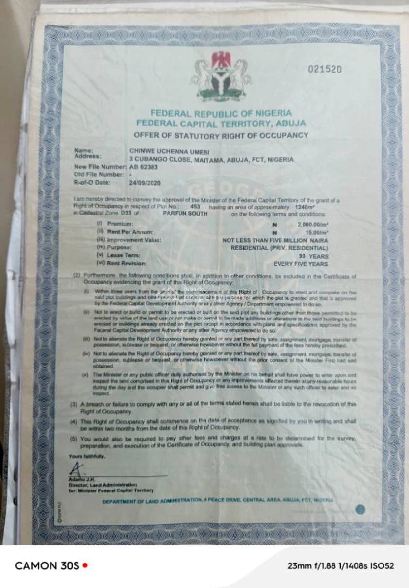 1240sqm Residential Plot with Rofo at Perfun South, Perfun South Behind Centenary City, Lugbe District, Abuja, Land for Sale