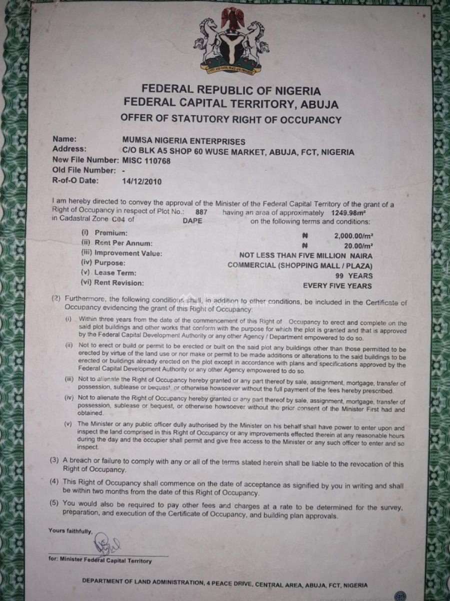 1249sqm Commercial Plot at Dape Lifecamp, Dape, Lifecamp, Dape, Abuja, Land for Sale