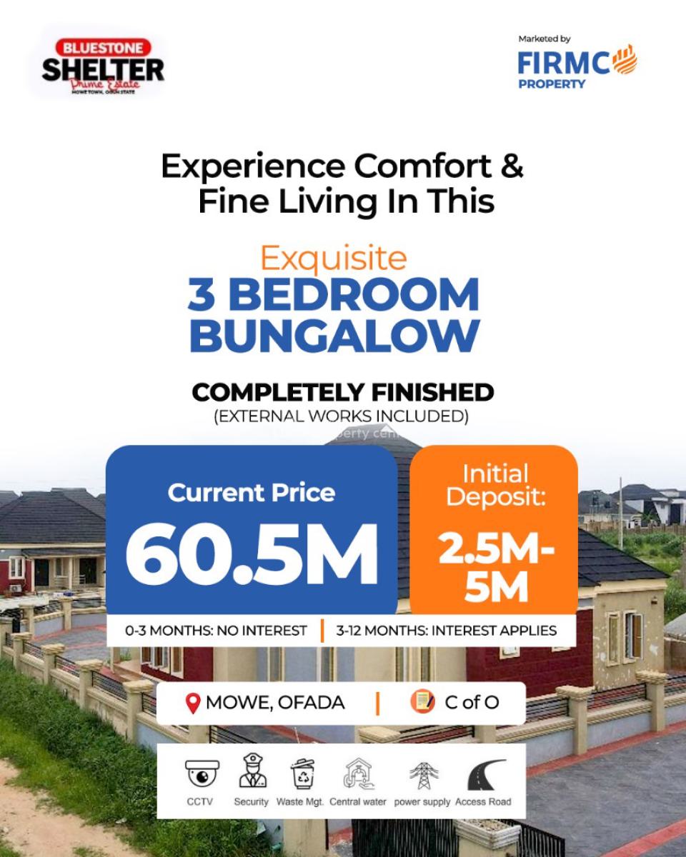 Stunning 3-bedroom Fully Detached Bungalow in Mowe Town, (25mins Drive to Ikeja), Mowe Town, Ogun, Detached Bungalow for Sale