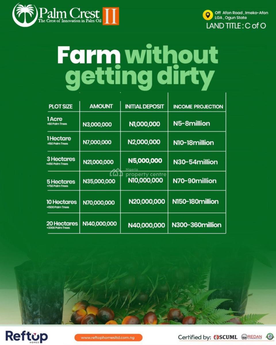 a Palm Oil Plantation Farmland with C of O per Acre, Palm Crest Farms, Imeko Afon, Ogun, Commercial Land for Sale
