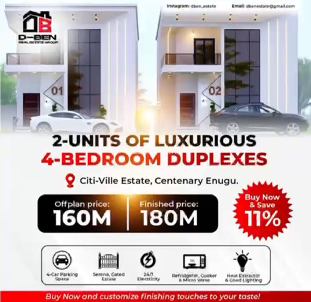 Spacious 2-units of Luxurious 4-bedroom Duplexes, Centenary City, Enugu, Enugu, Detached Duplex for Sale