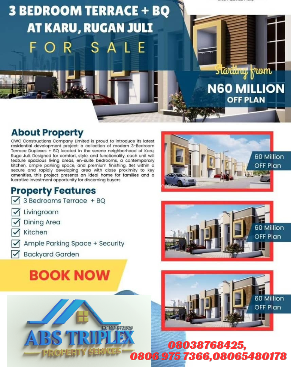 3 Bedrooms Terrace with Bq Off Plan, Rugan Juli, Karu, Nasarawa, Terraced Duplex for Sale