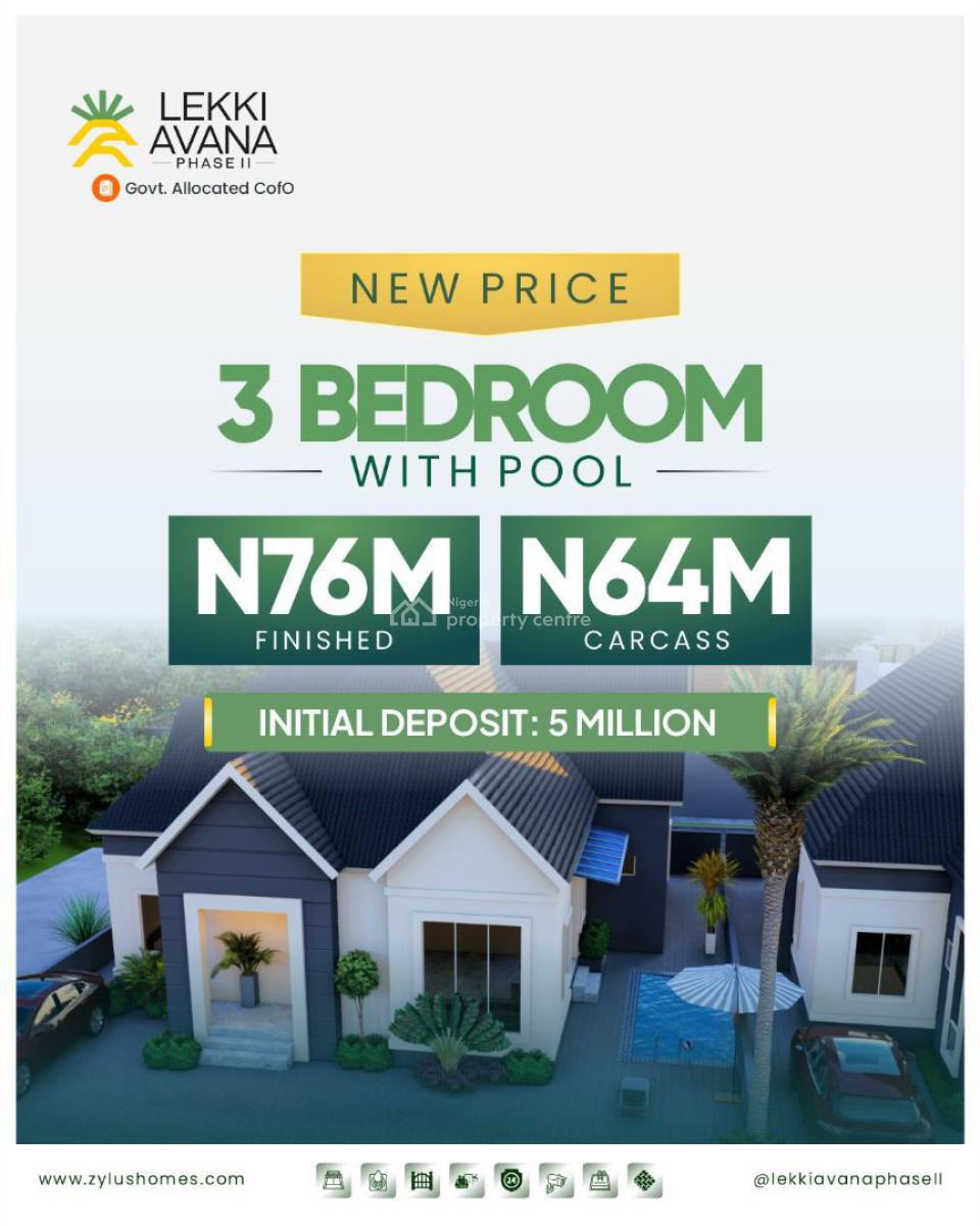 3-bedroom + Pool  with Govt. Allocated C of O, Lekki Avana Phase Ii Located in Eleranigbe, Lekki-epe Expressway, Ibeju Lekki, Lagos, Detached Bungalow for Sale