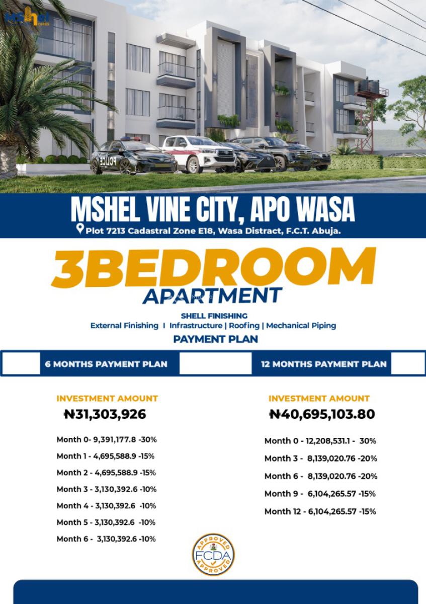 Luxury 3 Bedroom Apartment with Excellent Facilities -off Plan, Mshel Vine City, Wasa, Apo, Abuja, Flat / Apartment for Sale