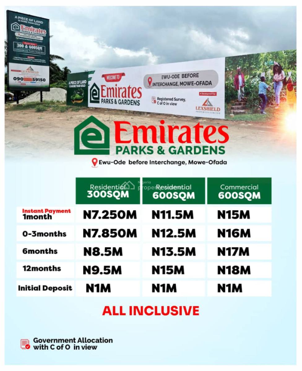 Buy and Build Land with Registered Survey and Deed of Assignment, Emirates Parks & Gardens  Located at Ewu-ode, Before The Interchange, Mowe Ofada, Ogun, Residential Land for Sale