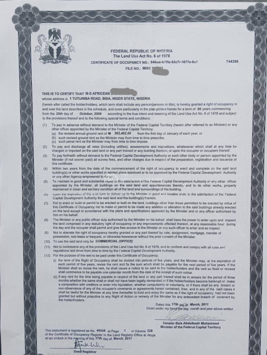 Land, Central Area, Central Business District, Abuja, Commercial Land for Sale