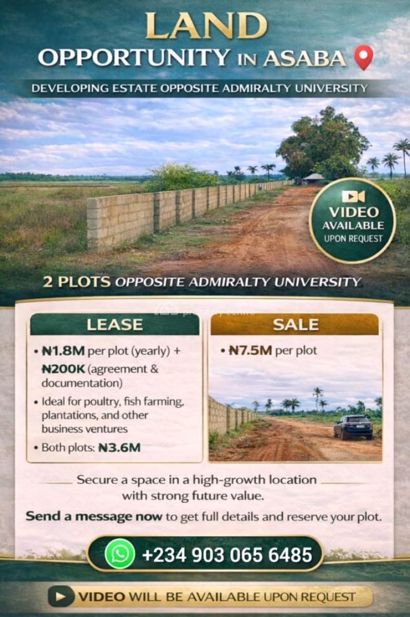 2 Plots of Land Available in a Very Fast Developing Estate, Umu-ezeagwu Opposite Admiralty University, Asaba, Delta, Commercial Land for Rent
