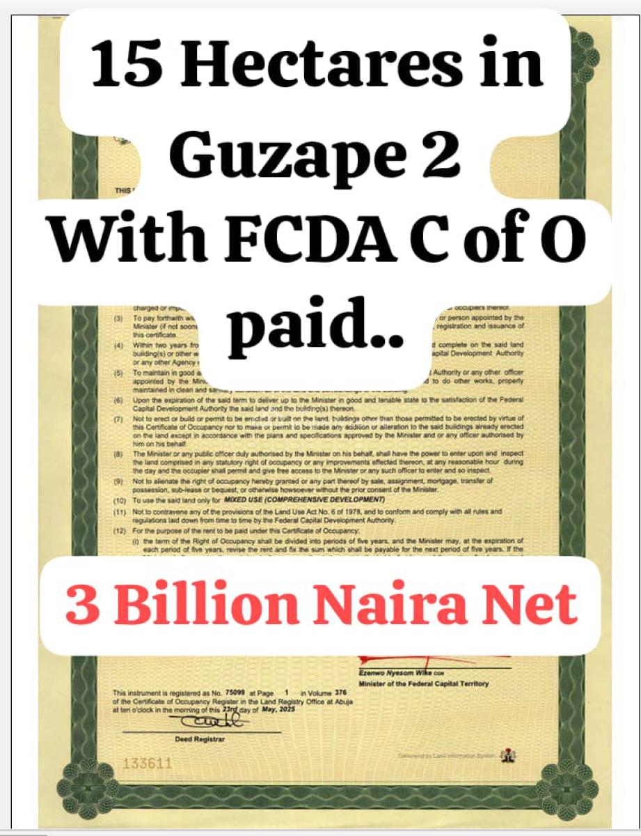 15 Heactre of Comprehsive Dev. Land with Fcda C of O Paid, Guzape 2, Guzape District, Abuja, Mixed-use Land for Sale