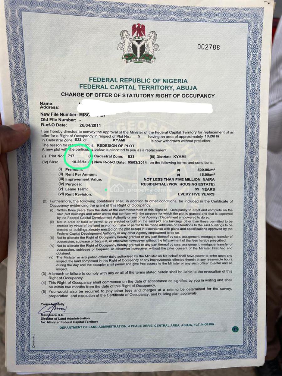 10.26 Hectares with Fcda R of O and C of O Handy, Beside Airport Road, Kyami, Abuja, Residential Land for Sale