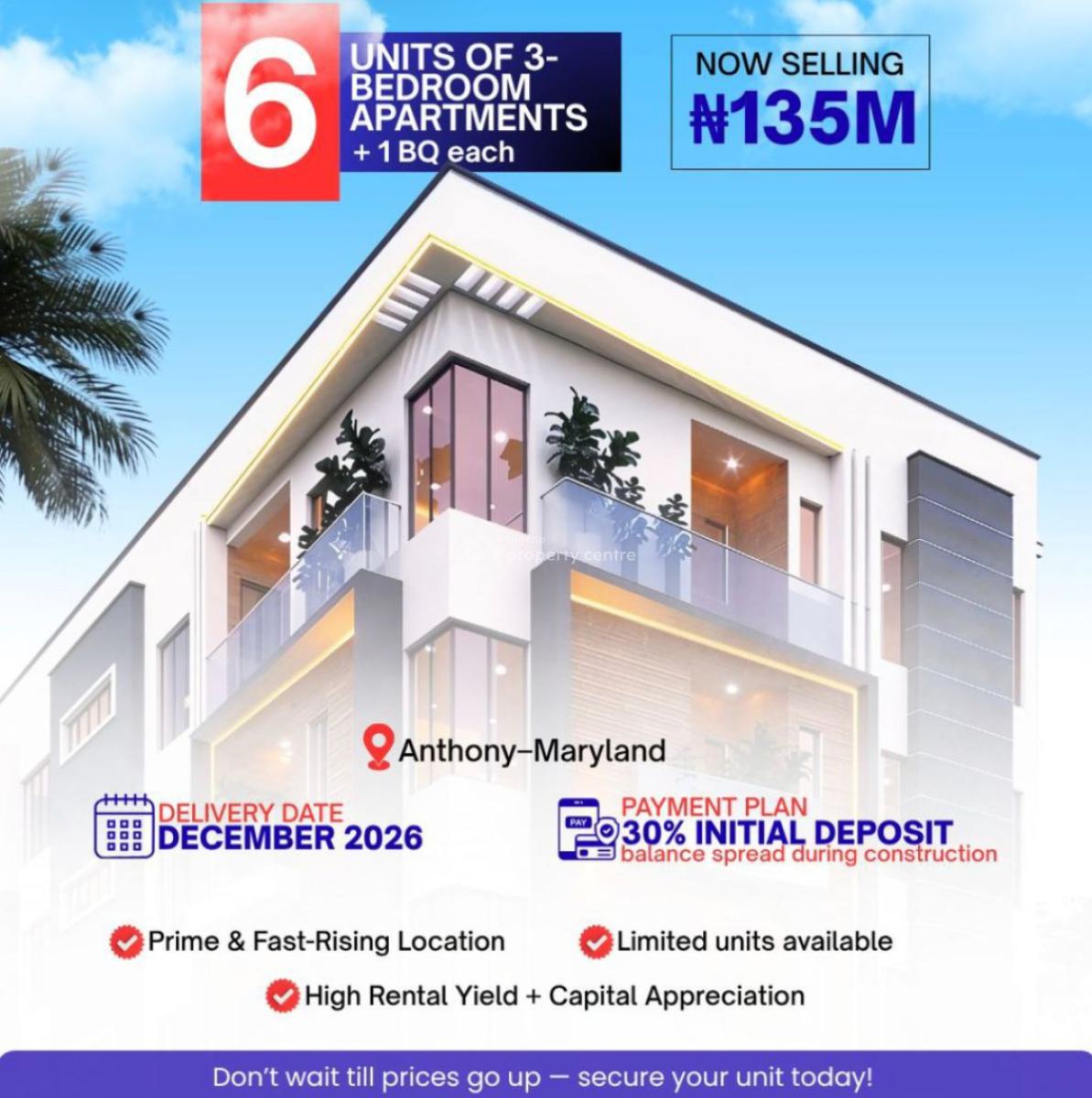 3-bedroom Apartments + 1 Bq Each Offplan, Anthony, Maryland, Lagos, Flat / Apartment for Sale