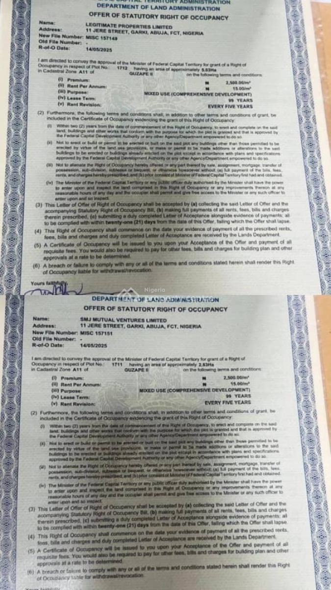 Two Serial Plot of 8 Hectares Guzape 2, Guzape2, Guzape District, Abuja, Mixed-use Land for Sale