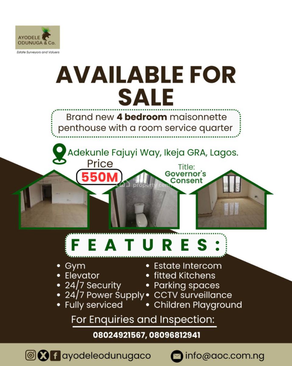 Brand New 4 Bedroom Maisonnette Penthouse with Bq, Adekunle Fajuyi Way, Ikeja Gra, Ikeja, Lagos, House for Sale
