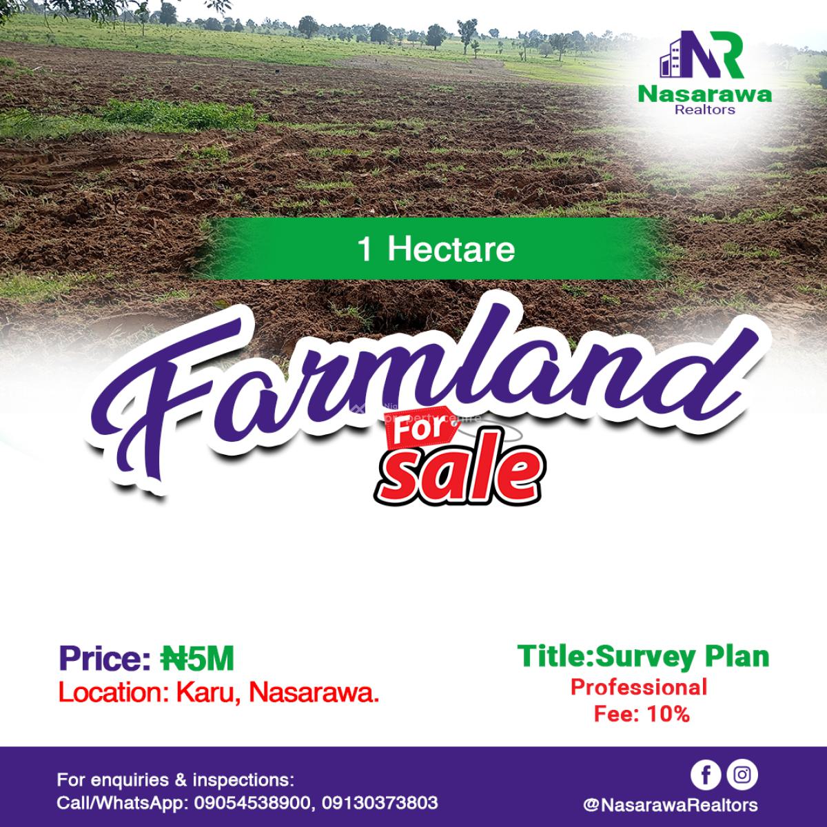1 Hectare Farmland, Karu, Nasarawa, Commercial Land for Sale