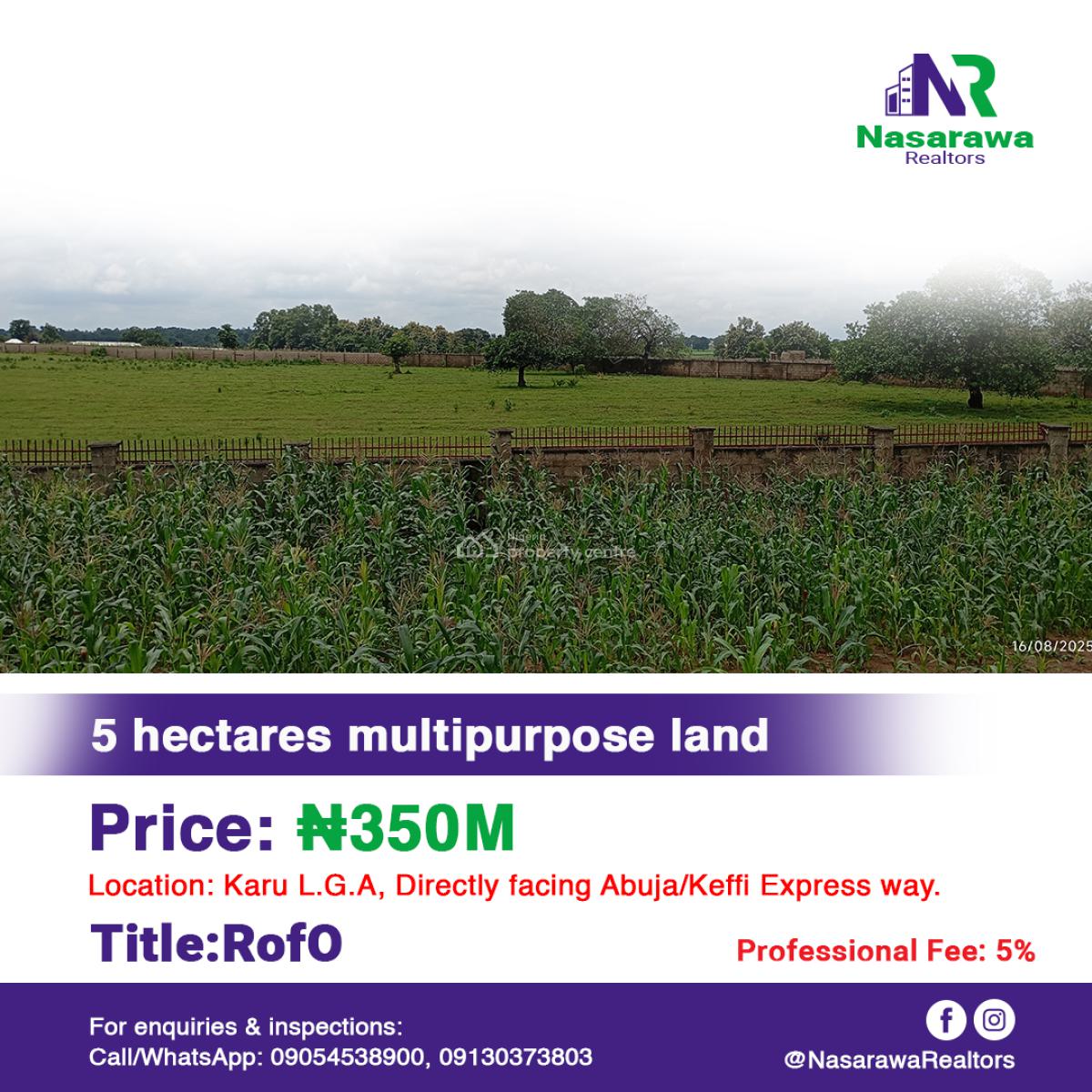 5 Hectares Fenced Round Mix Used Land, Karu, Nasarawa, Karu, Nasarawa, Mixed-use Land for Sale