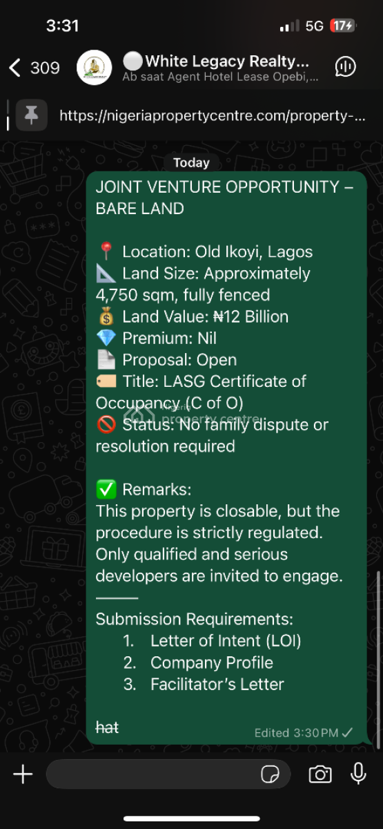 Joint Venture 4,750 Sqm, Fully Fenced Bare Land, Old Ikoyi, Ikoyi, Lagos, Land Joint Venture