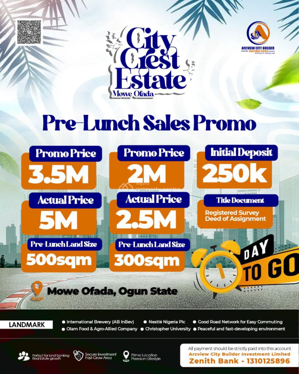 500sqm Land, City Crest Estate,mowe Ofada,ogun State., Mowe Ofada, Ogun, Commercial Land for Sale