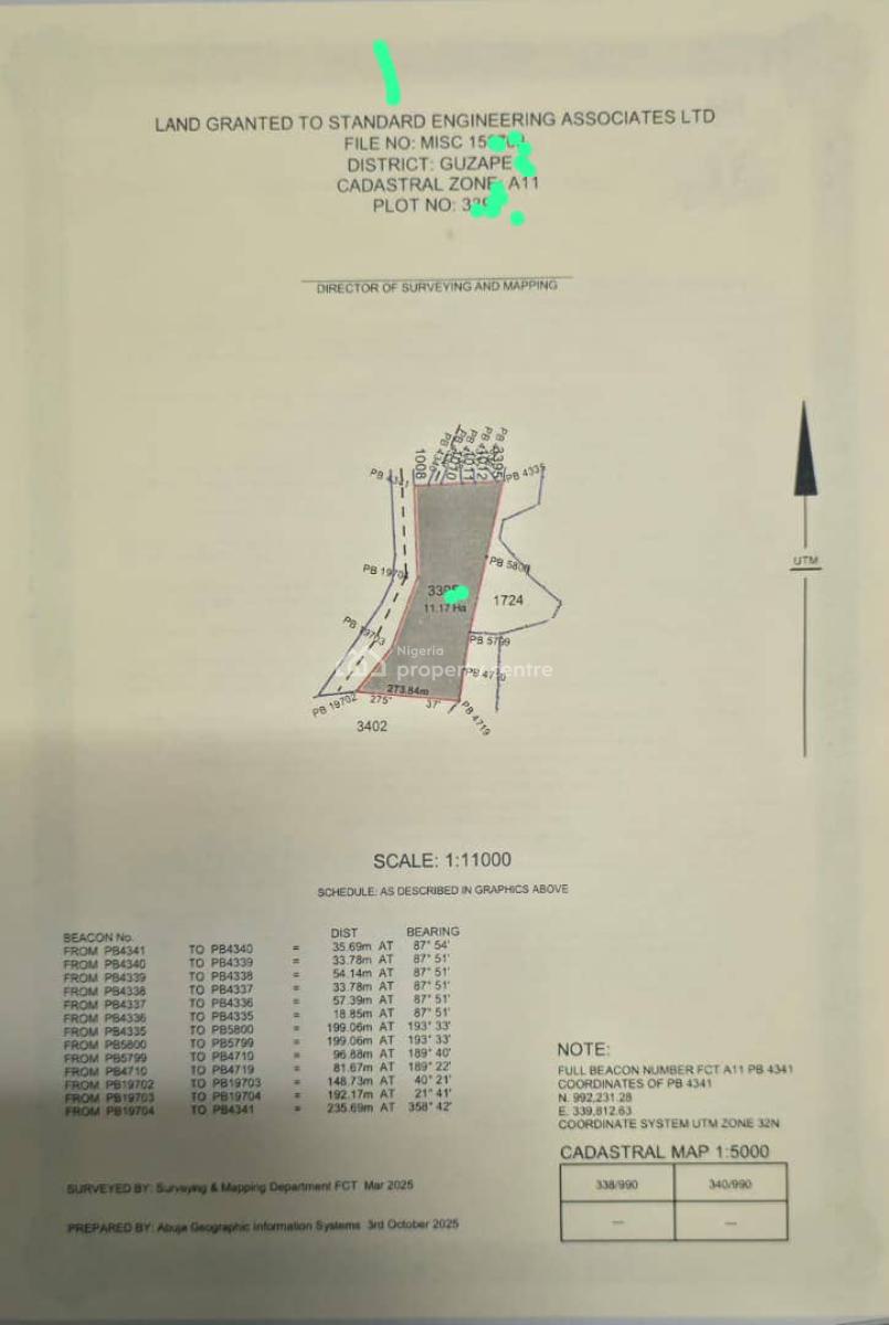11.17 Hectares of Land, Guzape2, Guzape District, Abuja, Mixed-use Land for Sale