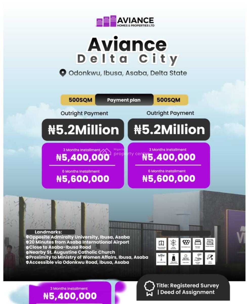 Land with Registered Survey, Aviance Delta City Located at Ibusa Odonkwu, Asaba, Delta, Residential Land for Sale