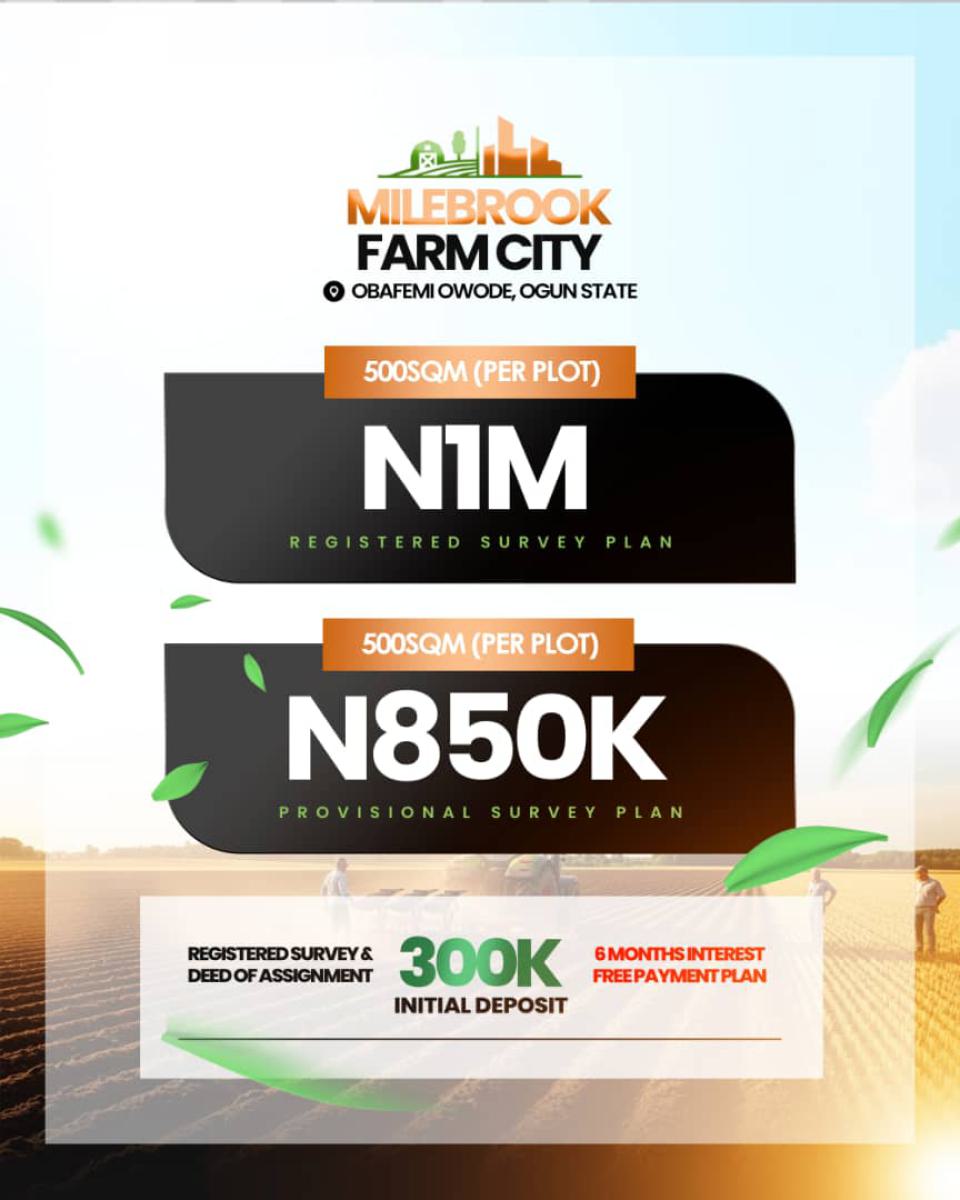 Revised Rates Released for Milebrook Farm City As Demand and Growth in, Obafemi Owode, Ogun, Mixed-use Land for Sale