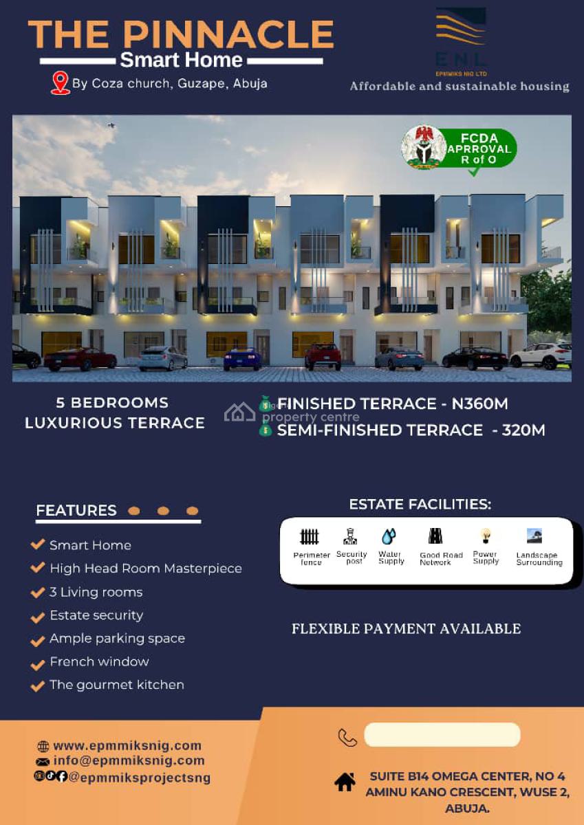 Smart 5 Bedrooms Luxury Terrace with 3 Living Rooms and a Bq Off Plan, Guzape District, Abuja, House for Sale