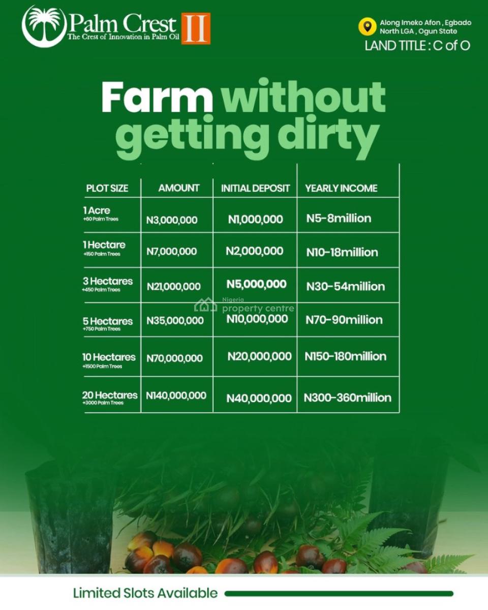 Own Acres& Hectares of Fertile Farmland & Earn From Oil Palm Farming, All Inclusive Offer Which Covers Land Price, Documentation & Planting, Imeko Afon, Ogun, Mixed-use Land for Sale