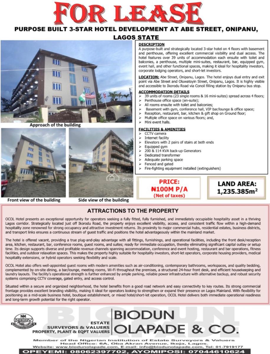 Fully Fitted and Furnished Hotel for Lease, Abe Street, Off Bode Thomas Street, Onipanu, Onipanu, Shomolu, Lagos, House for Rent