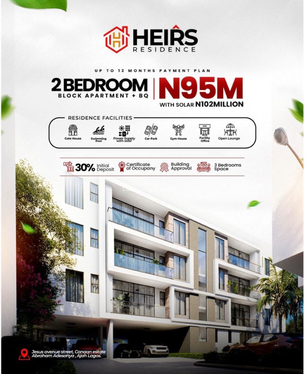 Standard and Well Finish 2 Bedroom Apartment with Bq, Heir Residence Located Inside Canaan Estate, Abraham Adesanya, Ajah, Lagos, Block of Flats for Sale