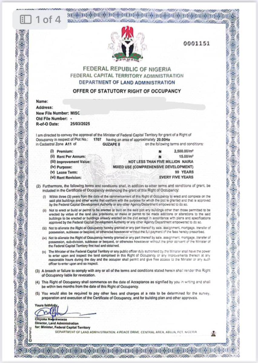 20 Hectares Land, Guzape District, Abuja, Mixed-use Land for Sale