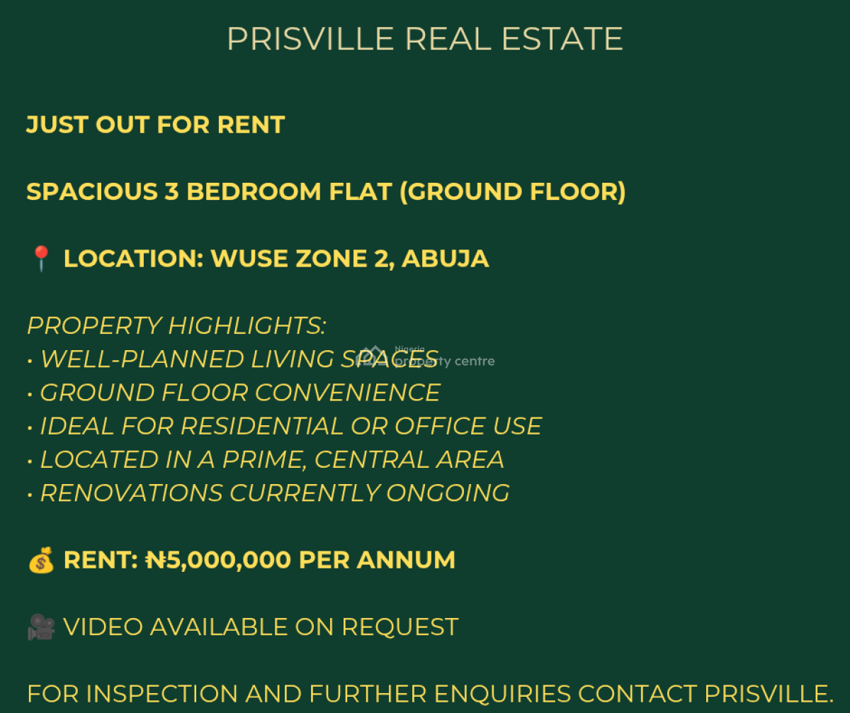 3 Bedroom Flat (ground Floor), Zone 2, Wuse, Abuja, Flat / Apartment for Rent