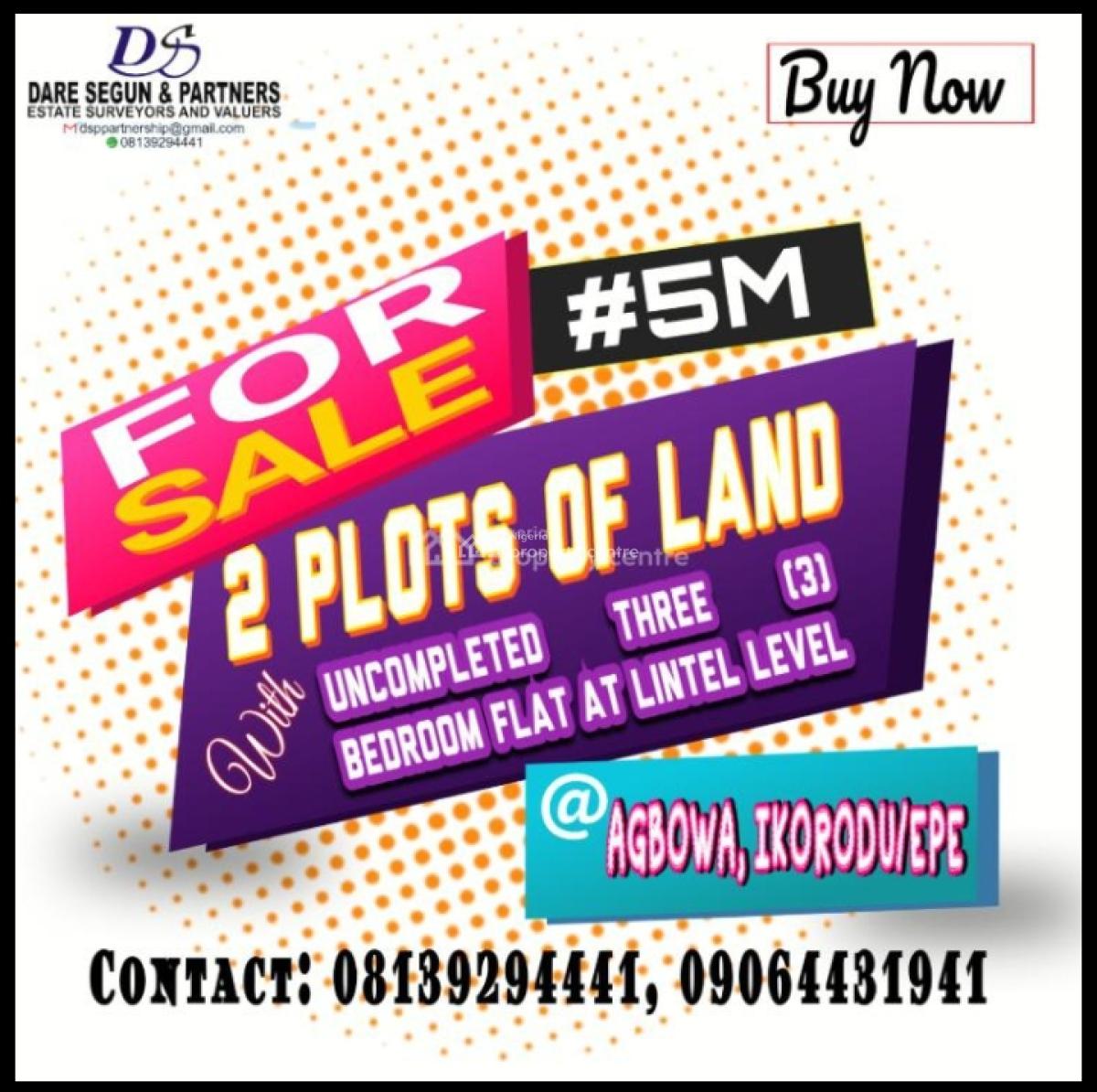Two Plots of Land with Uncompleted Three Bedroom Bungalow, Behind Agbowa Housing Estate, Agbowa, Ikorodu, Lagos, Detached Bungalow for Sale