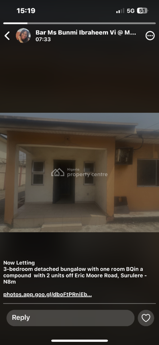 3 Bedroom Detached Bungalow at Off Eric Moore Street Surulere, Surulere, Lagos, Detached Bungalow for Rent