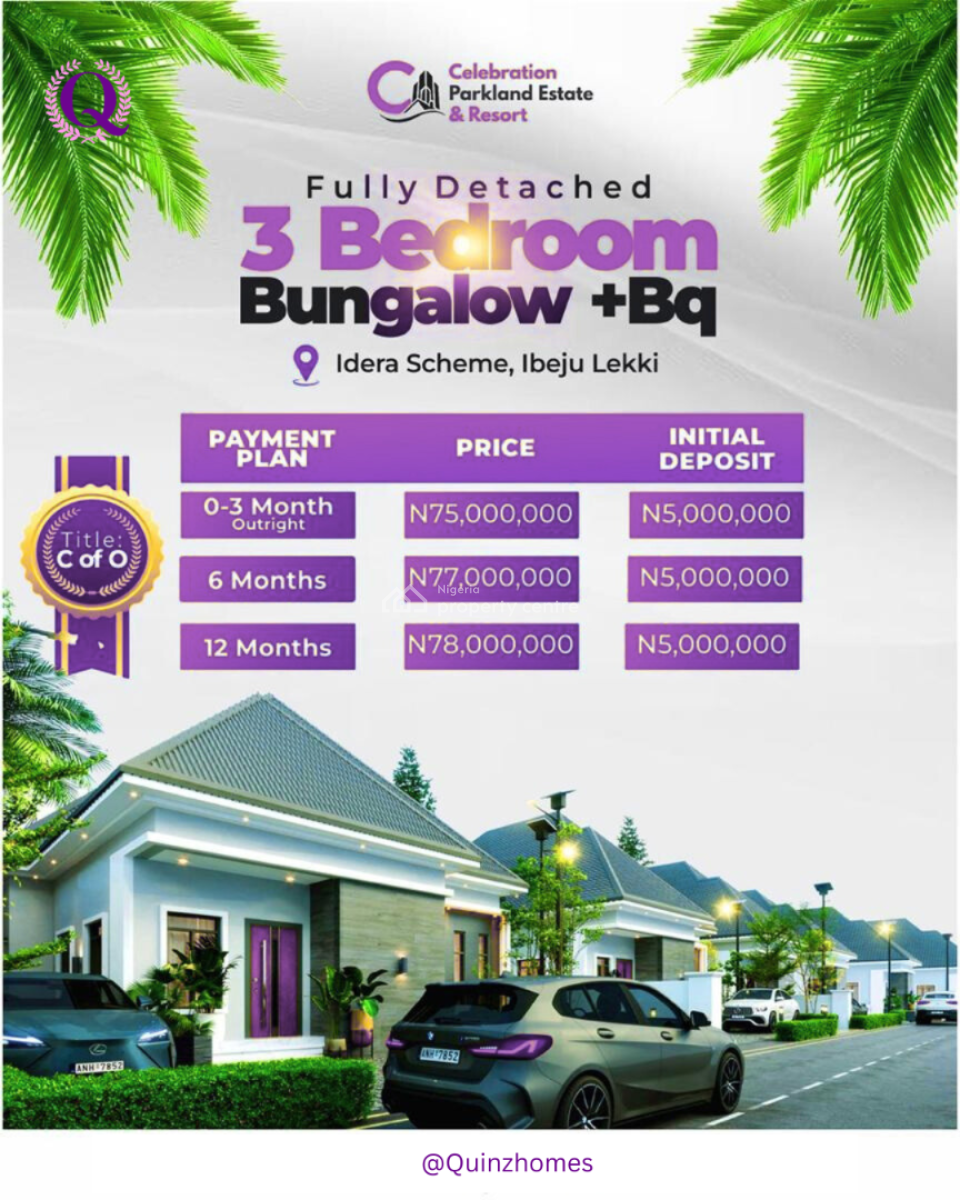 Luxury 3 Bedrooms with Ample Car Park Space, Celebration Park Estate and Resort, Ibeju Lekki, Lagos, Detached Bungalow for Sale