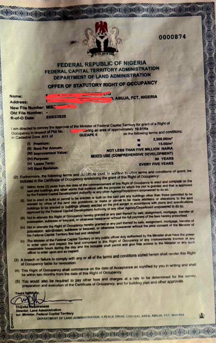 Mixed Used 10 Hec with C of O..........b, Guzape District, Abuja, Mixed-use Land for Sale