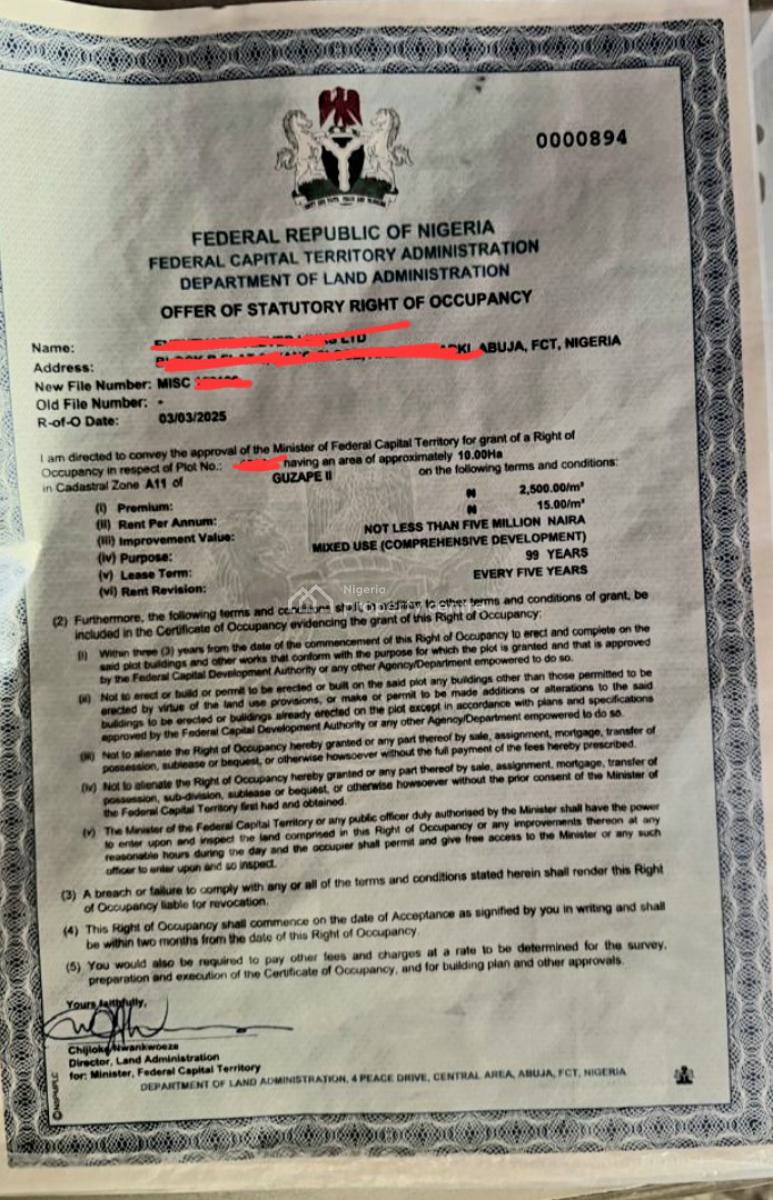 Mixed Used of 10 Hec Land....... a, Guzape District, Abuja, Mixed-use Land for Sale