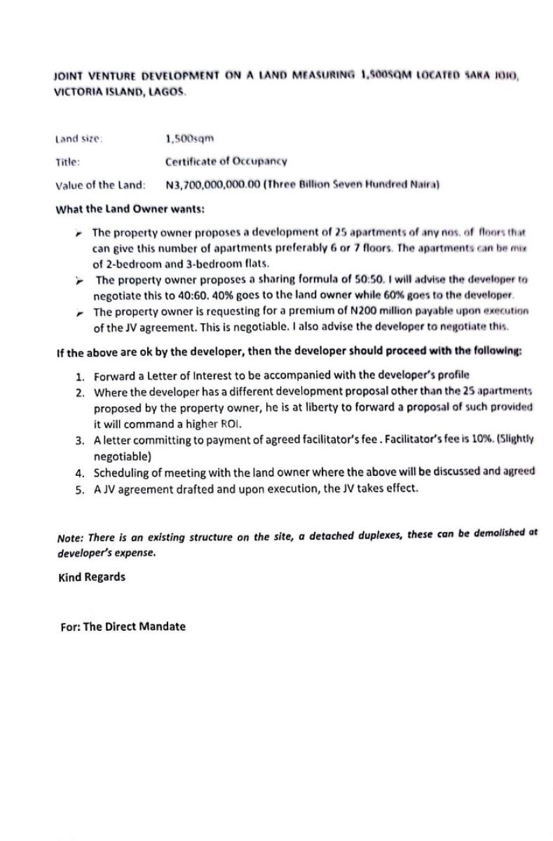 a Land Measuring 1500 Sqm, Off Adeola Odeku, Victoria Island (vi), Lagos, Residential Land Joint Venture