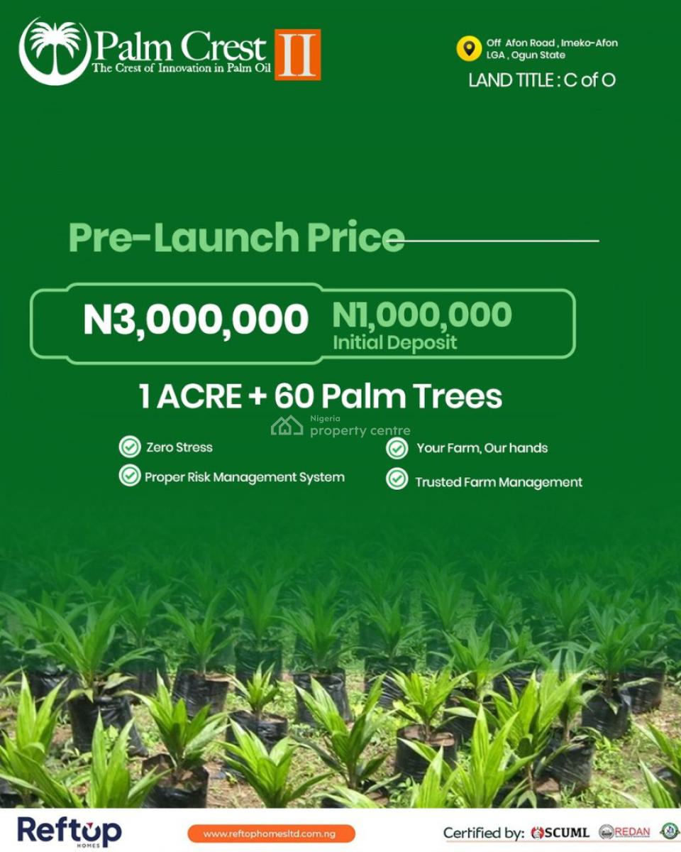 1 Acre of Land with 60 Palm Trees. Own a Farm Without Getting Dirty, Off Afon Road, Imeko Afon, Ogun, Commercial Land for Sale