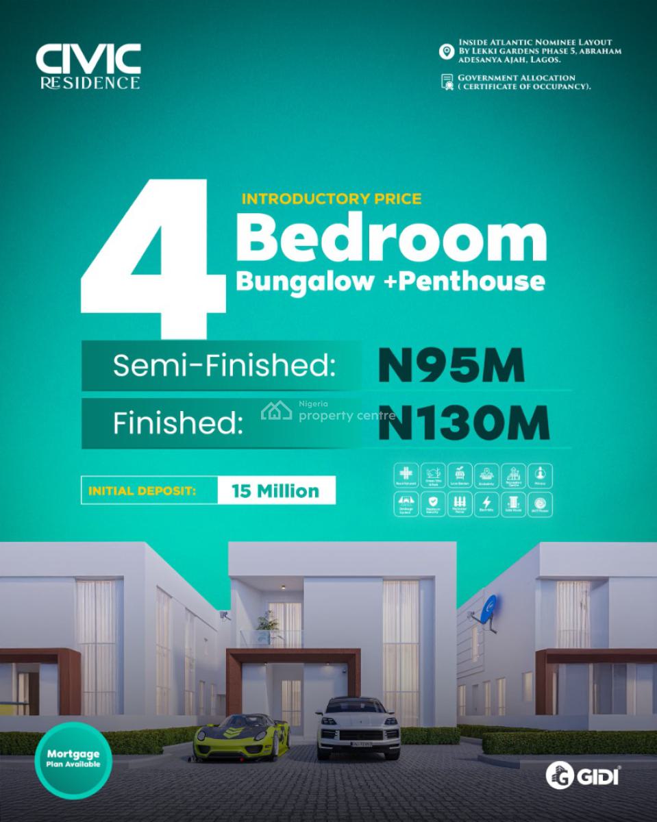 4 Bedroom Bungalow + Penthouse( Offplan), Civil Residence, Atlantic Layout Lekki Garden, Olokonla, Ajah, Lagos, Detached Bungalow for Sale