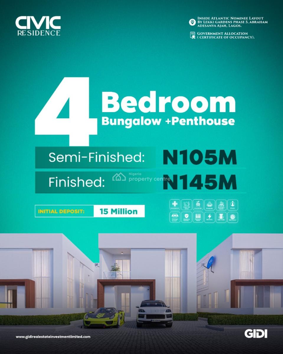 4 Bedroom Bungalow + Penthouse( Offplan), Civil Residence, Atlantic Layout Lekki Garden, Olokonla, Ajah, Lagos, Detached Bungalow for Sale